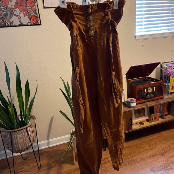Pants - high waisted button up tie pants brown